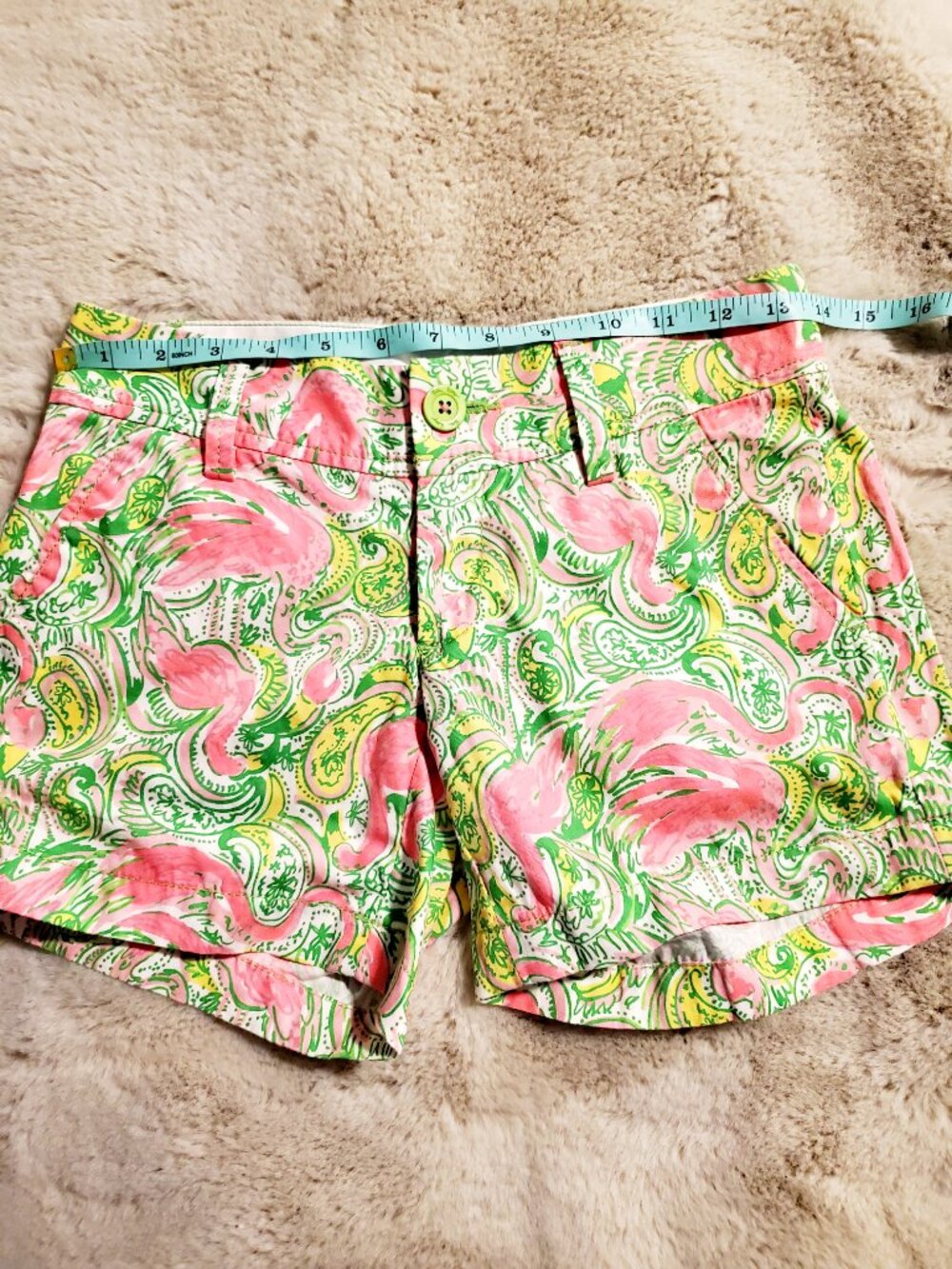 Lilly Pulitzer Callahan Shorts Flamingo Print Pink Green Cotton Size 00 Preppy C - Picture 10 of 11